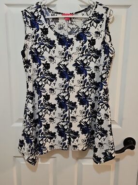 White Sleeveless Tank with Blue and Black Floral Print